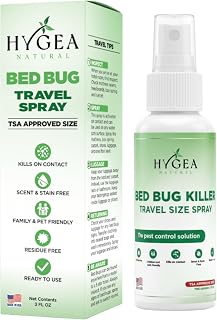 Hygea Natural Lice, Mite, and Bed Bug Killer Travel Spray - TSA Approved Size – Child & Pet Friendly – Immediate Results – Stain & Odor Free, for Hotels, Suitcase, Backpack, Shoes, Bed Bug Spray(3oz)
