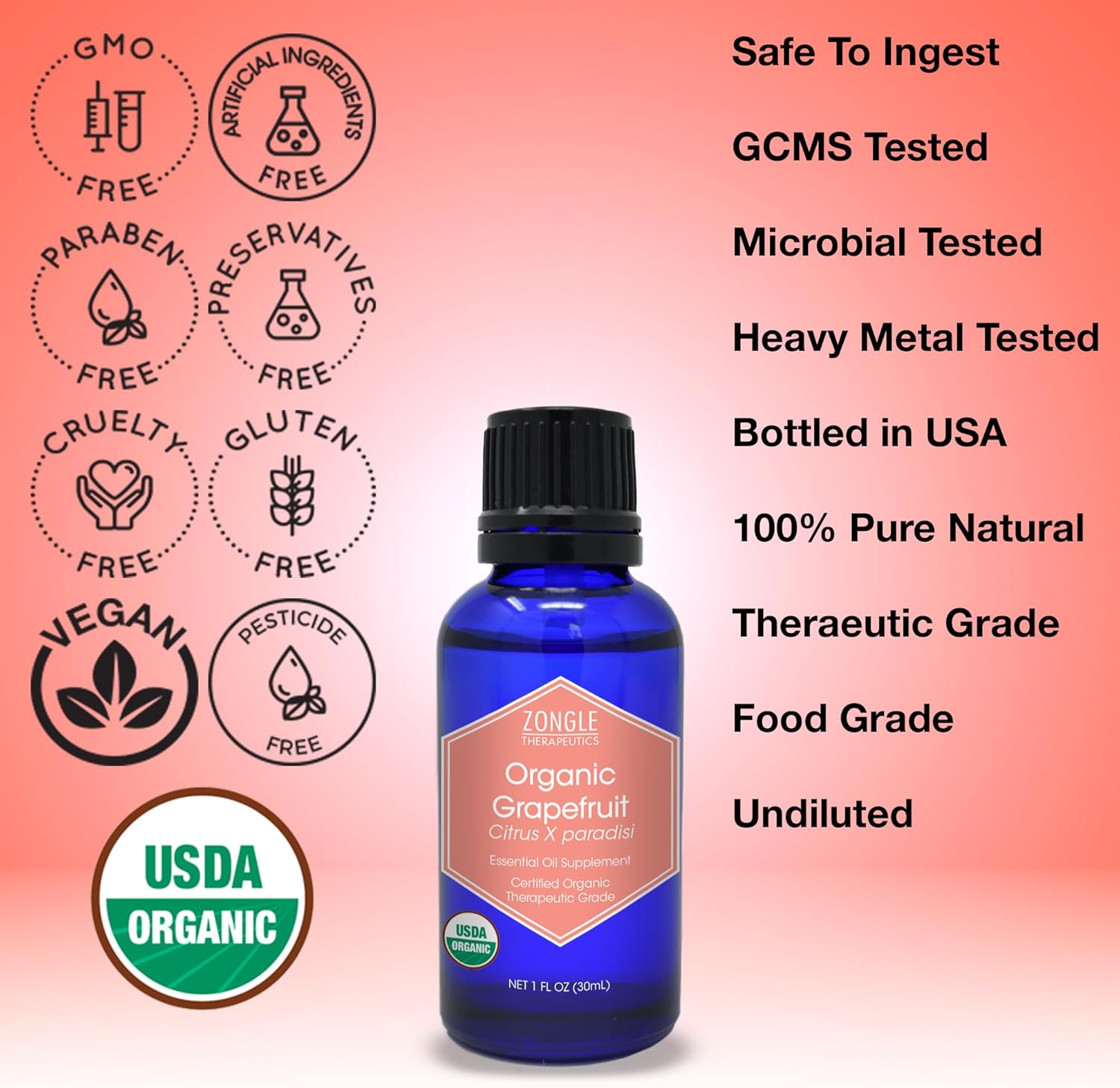 Organic, Grapefruit Essential Oil, Food Grade – 100% Pure, Grapefruit Oil, by Zongle Therapeutics, 1 OZ