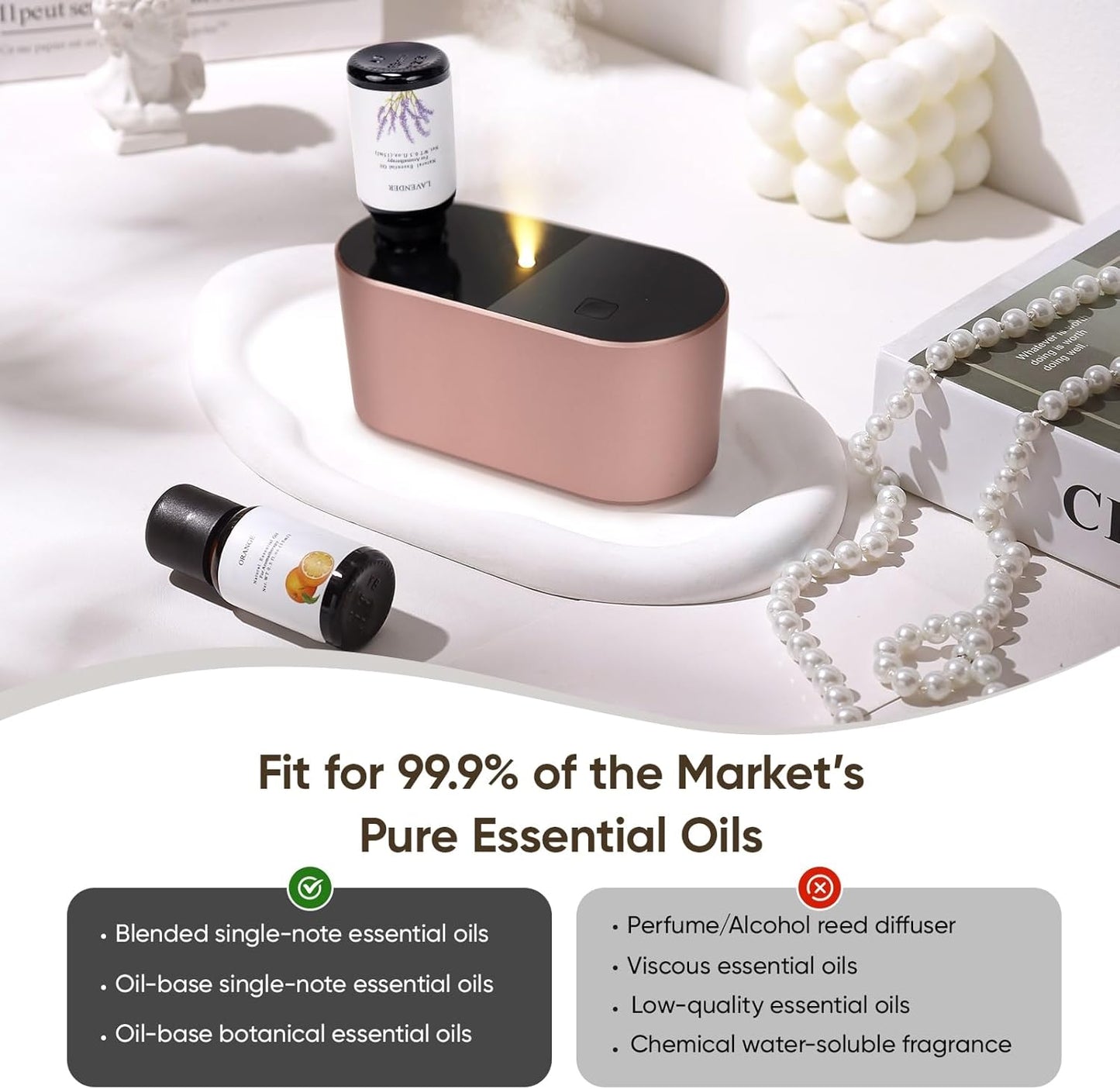 Lecdura Waterless Diffuser for Essential Oil, Battery Operated Scent Air Aromatherapy Diffuser, Mini Aroma Diffusers with 3 Intermittent Mist Modes, Cycle Start for Home Office Bedroom - Rose Gold