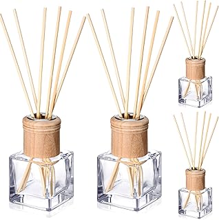 Roshtia 4 Set Reed Diffuser Bottle Empty Refillable Fragrance Glass Diffuser Bottles with Wooden Caps Rattan Sticks 50ml 1.7 oz Glass Jars for DIY Fragrance