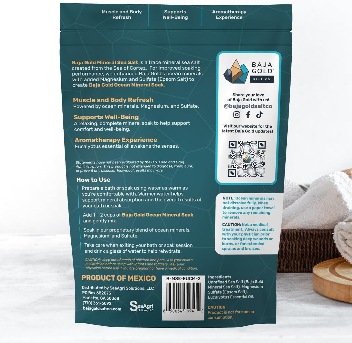 Baja Gold Ocean Mineral Soak – Natural Magnesium Bath Soak & Trace Elements | Relaxing, Clean Ingredient Soak for Bath, Muscles, Relaxation & Skin Care | Pure, Vegan, 2 Lb Resealable Bag, Eucalyptus