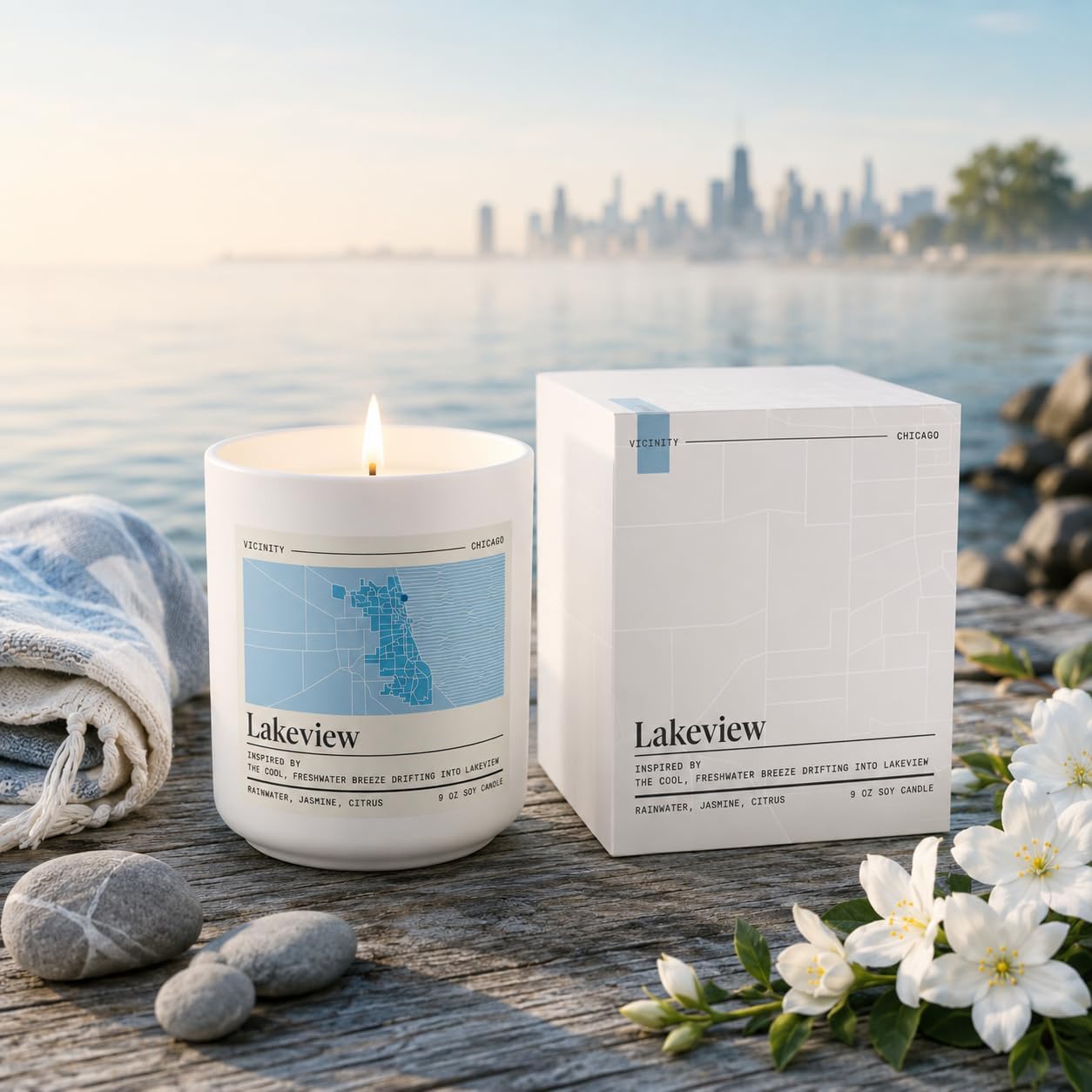 Vicinity Lakeview, Hand-Poured Soy Candle | Rainwater, Jasmine & Citrus | 9 oz, 45-50 Hour Burn | Gift Ready | Woman-Owned