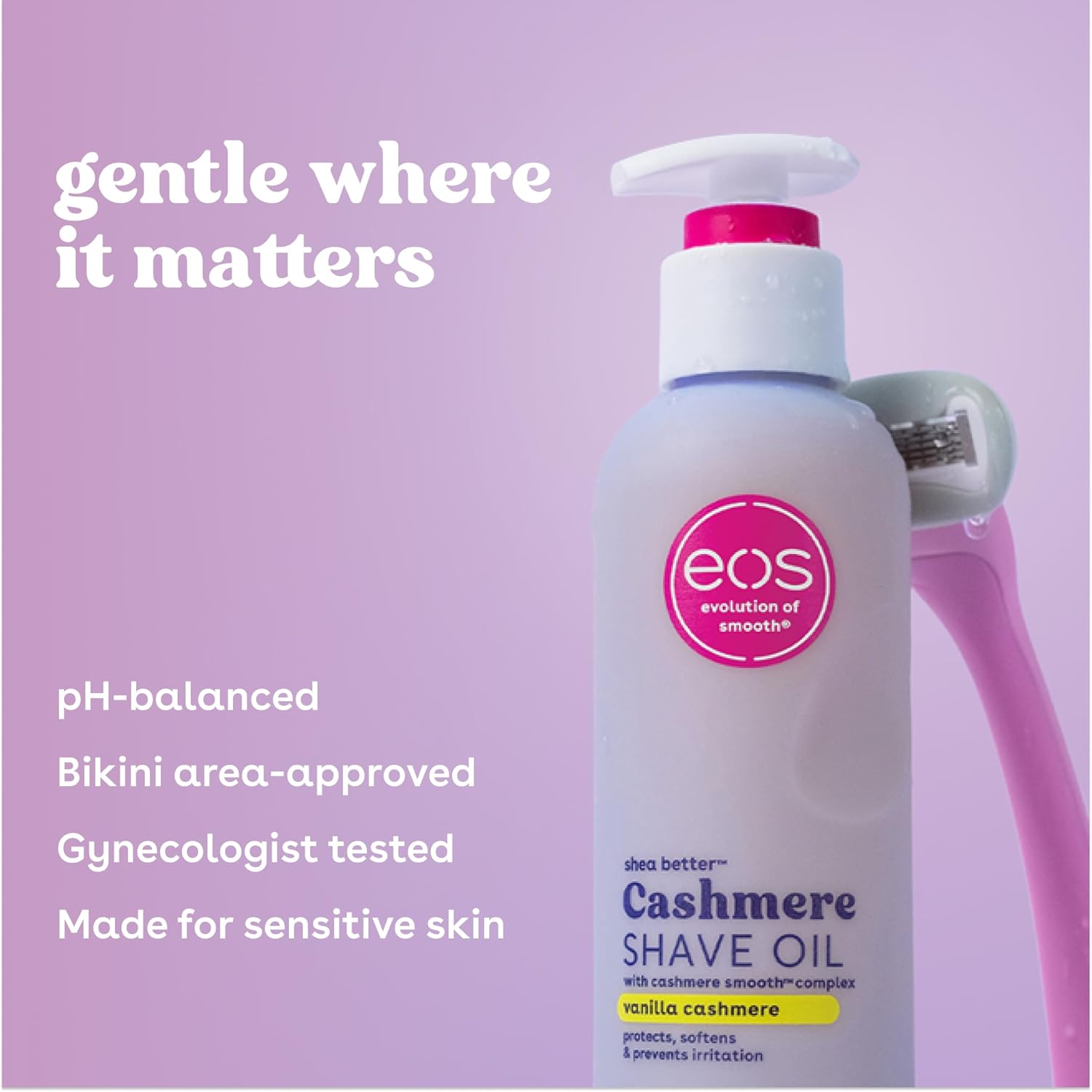 eos Cashmere Shave Oil – Vanilla Cashmere, Moisturizing Shave Oil with Shea Butter & Glycerin, Helps Prevents Irritation & Razor Burn, Vegan, 6 fl oz