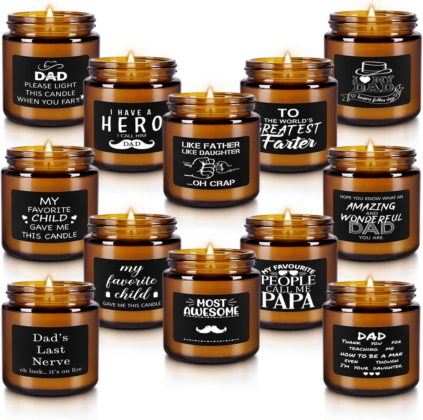 12-Pack Amber Jar Father's Day,Scented Candles, Gift for Dad 3.5oz, Natural Soy Wax and Premium Essential Oils. Ideal for Study Home & Office Aromatherapy.