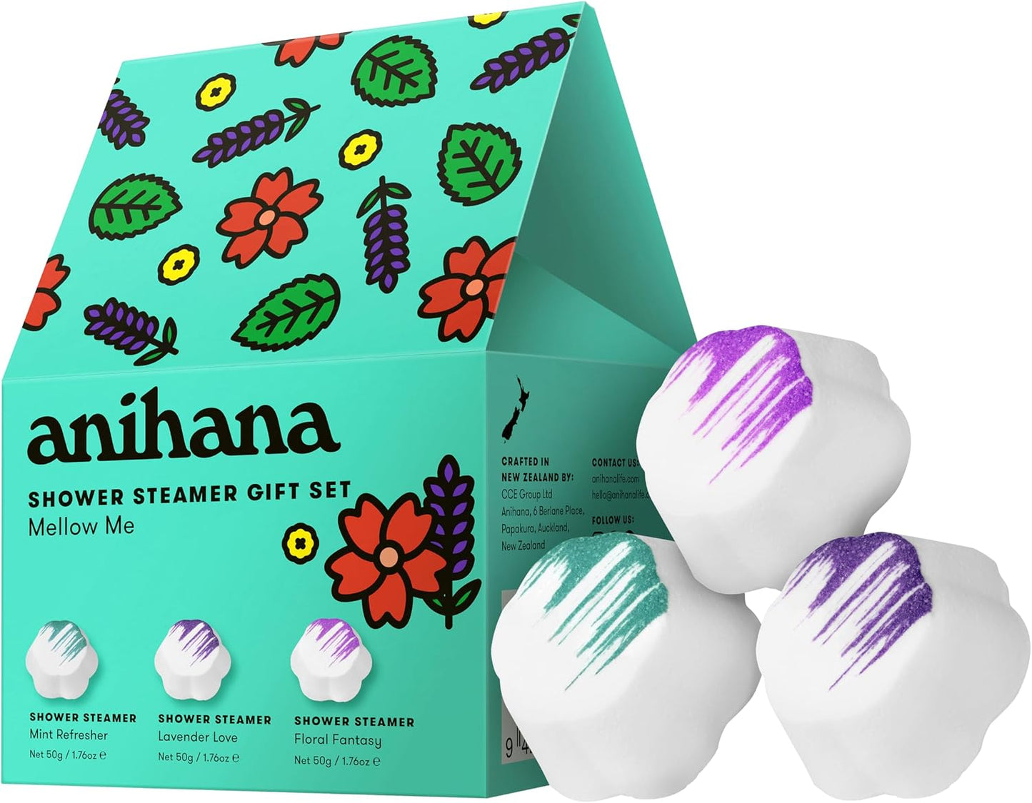 ANIHANA Shower Steamers Mellow Me 3 Pack Gift Set with Essential Oils, Paraben Free, Mint Refresher, Lavender Love, Floral Fantasy, 1.76 oz Each