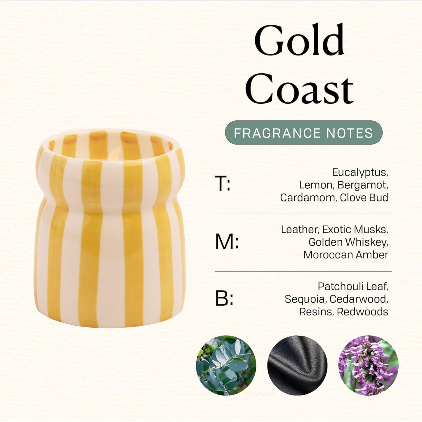 Paddywax Cabana Hand-Painted Scented Candle in Ceramic Reusable Food Safe Jar, Clean-Burn Soy Candle with Approx. 42 Hour Burn Time, Ochre – Gold Coast, 6.5 oz