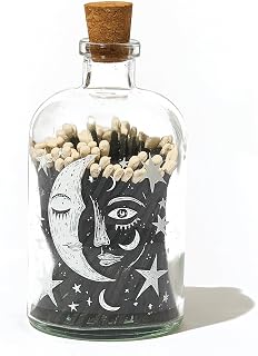 Skeem Celestial Apothecary Match Bottle - Decorative Black Matches in a Bottle with Striker - Celestial Cosmic Home Décor, Romantic Moon & Stars Theme