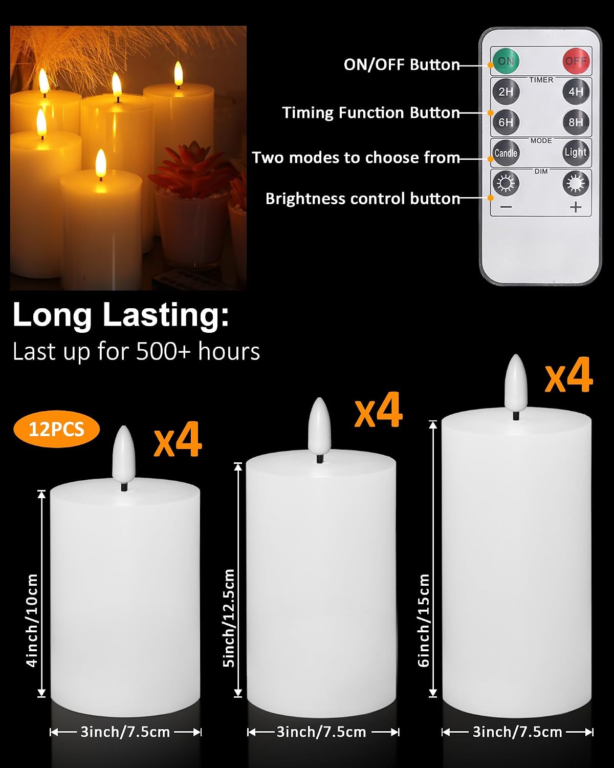 12 Pcs White Flameless Candles Flat Top LED Candles with Remote Timer, Pillar Flameless Candle Bulk Flickering Battery Operated Candle for Wedding Festival Outdoor Home Decor D 3'' H 4'' 5'' 6''