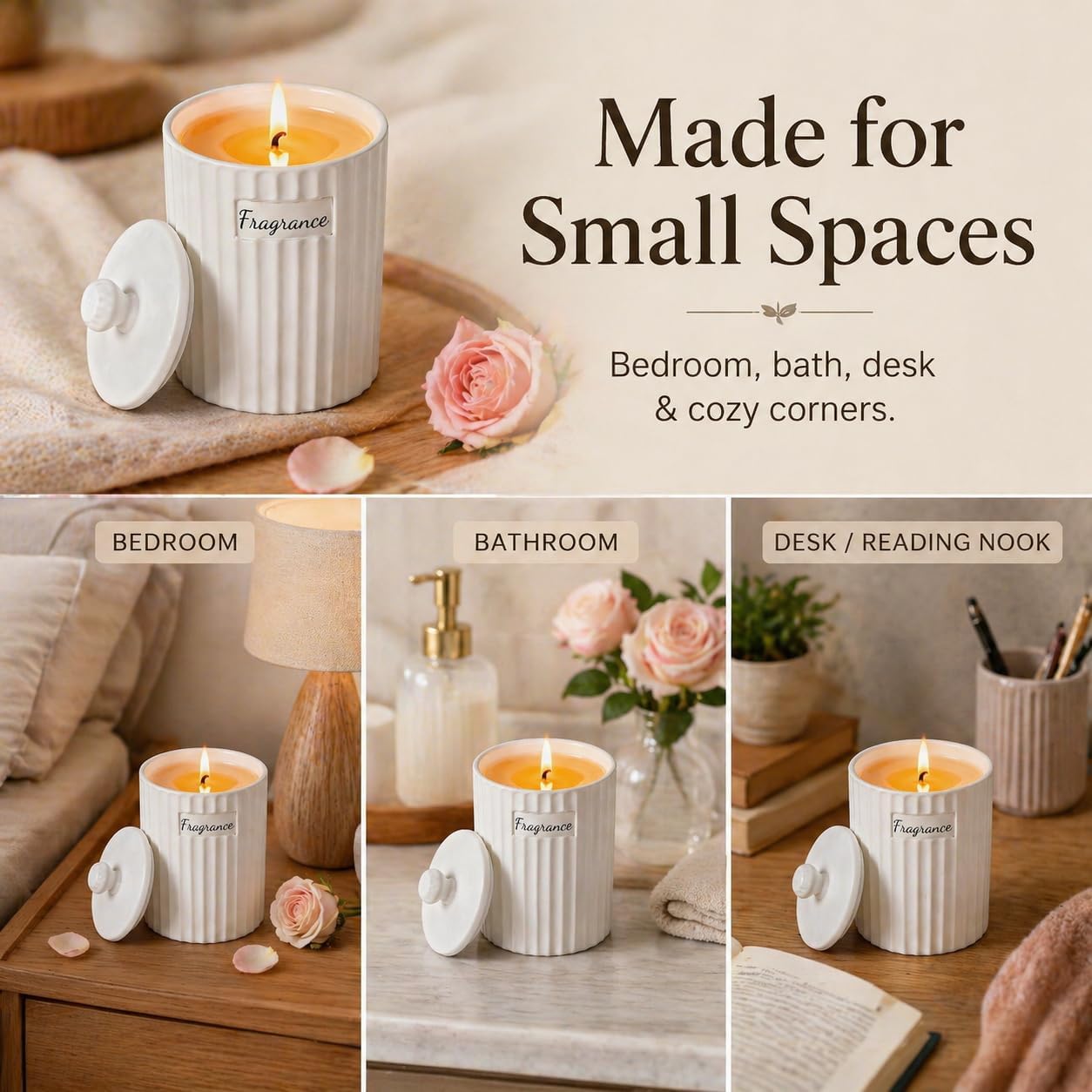 Viyffo 6.35oz Small Scented Candle – Sandalwood & Rose, Non Toxic Soy Candle for Women and Men, White Matte Ceramic Jar with Lid, Luxury Home Fragrance, Nordic Décor & Gift