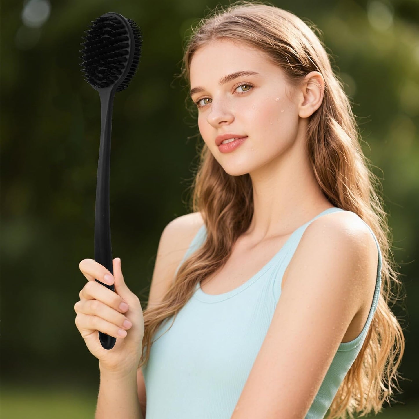 Silicone Body Scrubber for Shower Men Women – Dual-Sided Exfoliating & Massage Shower Brush with Long Handle, Creates Rich Lather, Includes 1 Hook & 2 Lather Balls (Black).