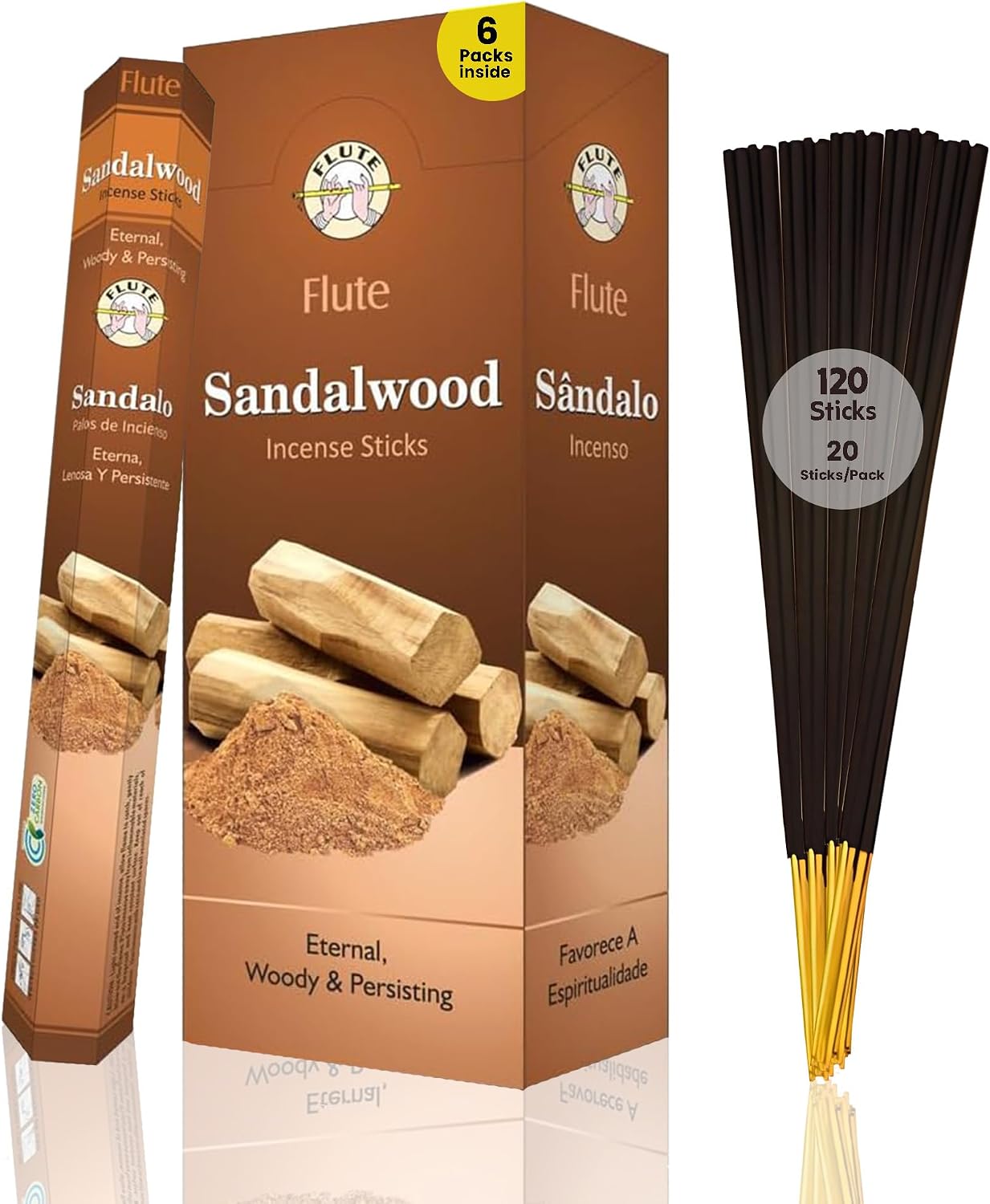 Flute Sandalwood Incense Sticks – Classic Woody Sandalwood Incense for Meditation, Prayer & Relaxation – 20 Sticks/Pack, 6 Packs/Box (9 Inch, 120 Sticks) | 40 Minutes Burn Time