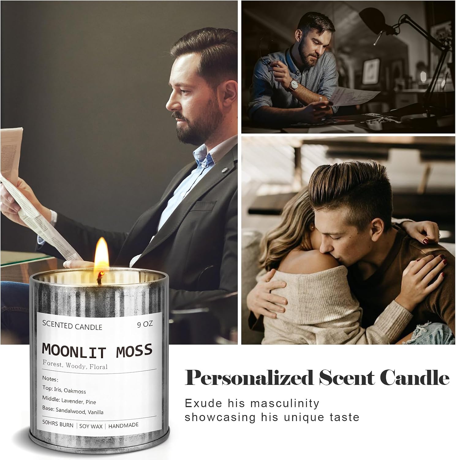 Scented Candle for Men - Vintage Library Inspired - Rustic Vintage Candle in Metal Tin for Home Scented - Soy Wax Men Candles - Long Lasting with 50 Hour Burn Time, 9oz, Iris & Oakmoss