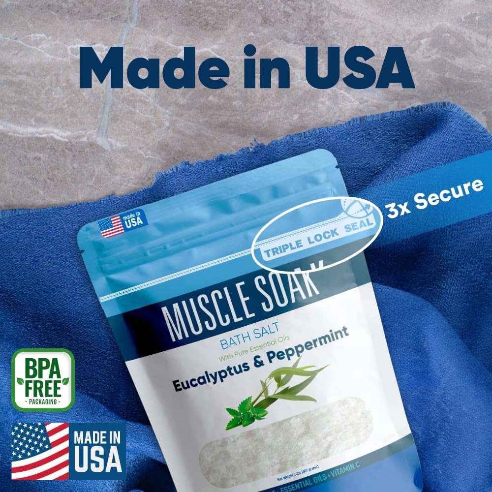 Muscle Soak Bath Salt 32 Ounces (2 Lbs) Epsom Salt with Natural Peppermint and Eucalyptus Essential Oils Plus Vitamin C in BPA Free Pouch with Easy Press Lock Seal Made in USA