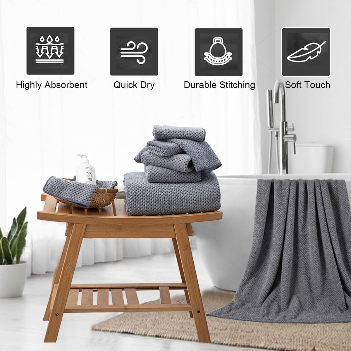 8-Piece Gray Bath Towels Set,2 Oversized Large Bath Towels Sheet,2 Hand Towels and 4 Washcloths - 600 GSM Soft Luxury Towel Set,Highly Absorbent Quick Dry Towel Collection for Bathroom,Hotel and Spa
