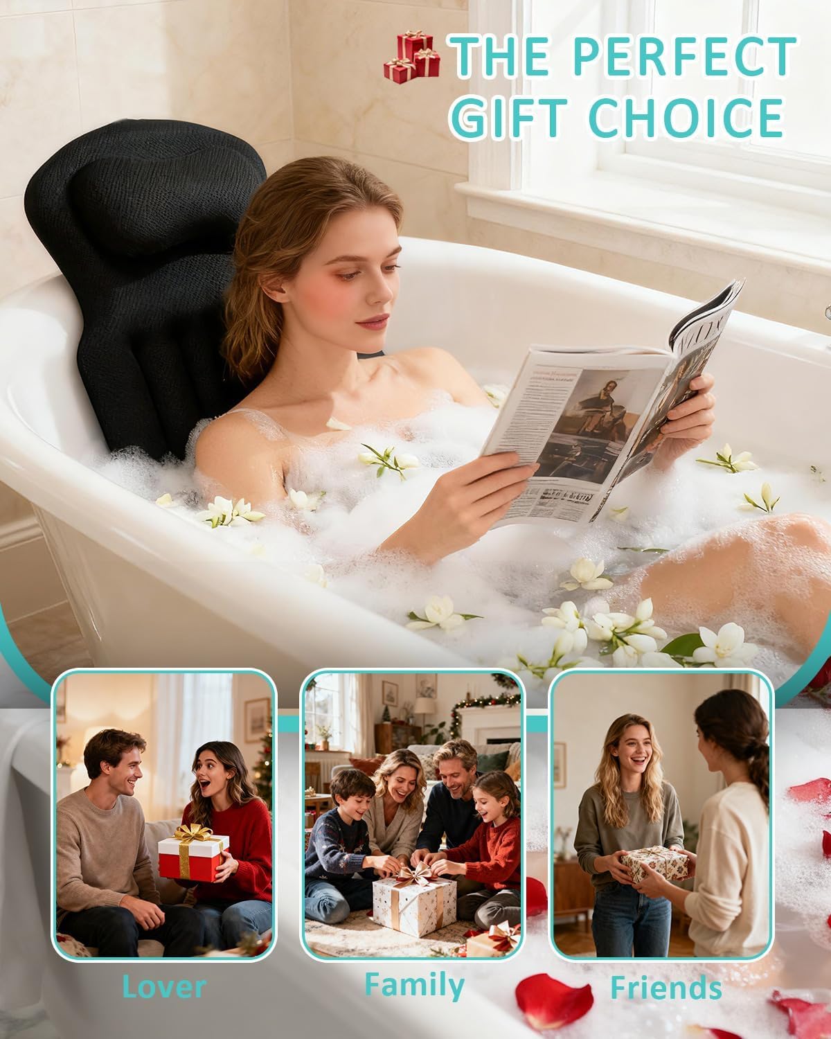 Full Body Bath Pillow for Bathtub, 5D Thick Tub Pillow for Bathtub with 192 Non-Slip Suction Cups, Laundry Bag & Hook, Bathtub Pillow for Head, Neck & Back Support (Black, 51"*15")
