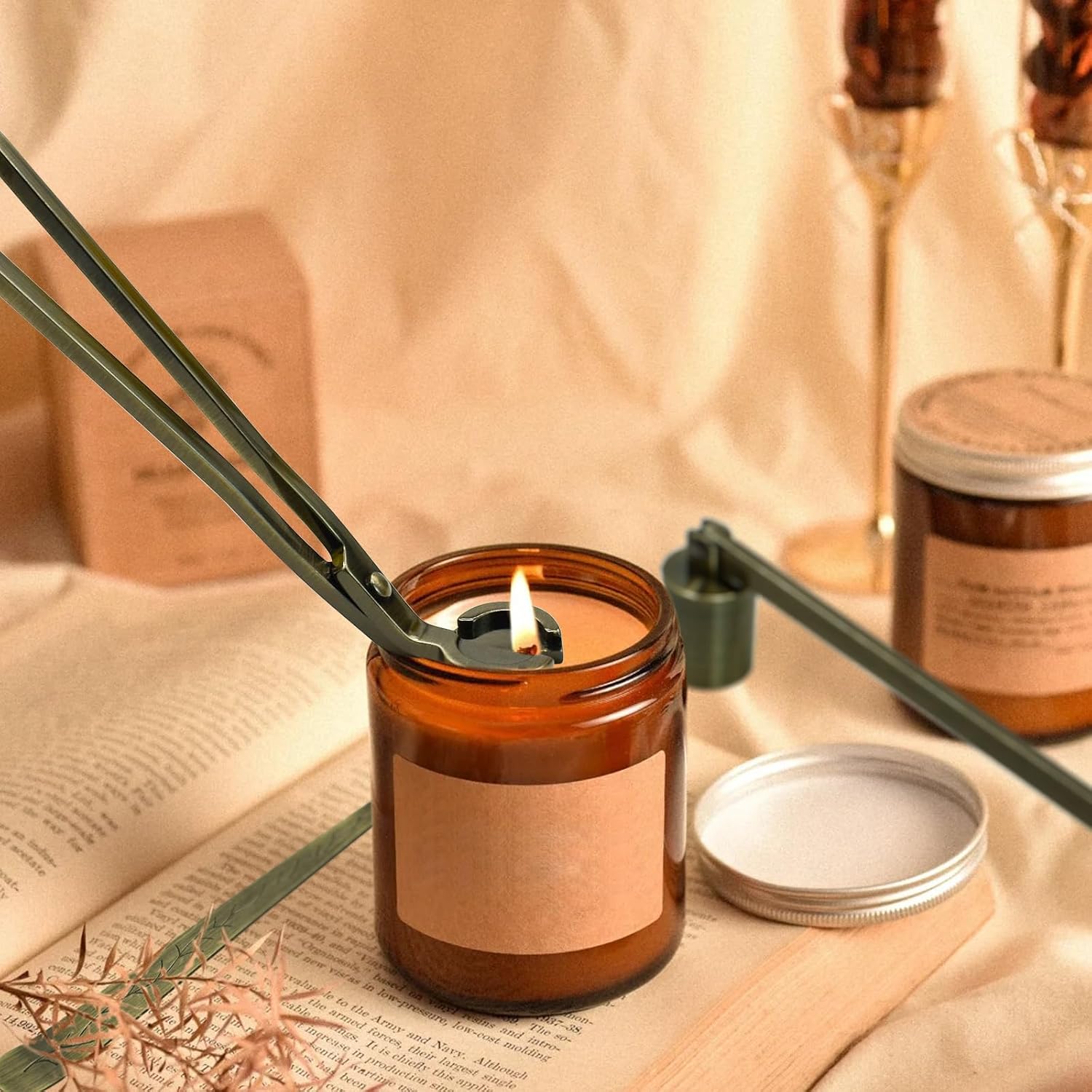 4 in 1 Candle Accessory Set, Candle Snuffer, Candle Wick Cutter, Candle Dipper, Storage Tray Plate, Candle Care Kit with Velvet Pouch for Candle Lover (Bronze)