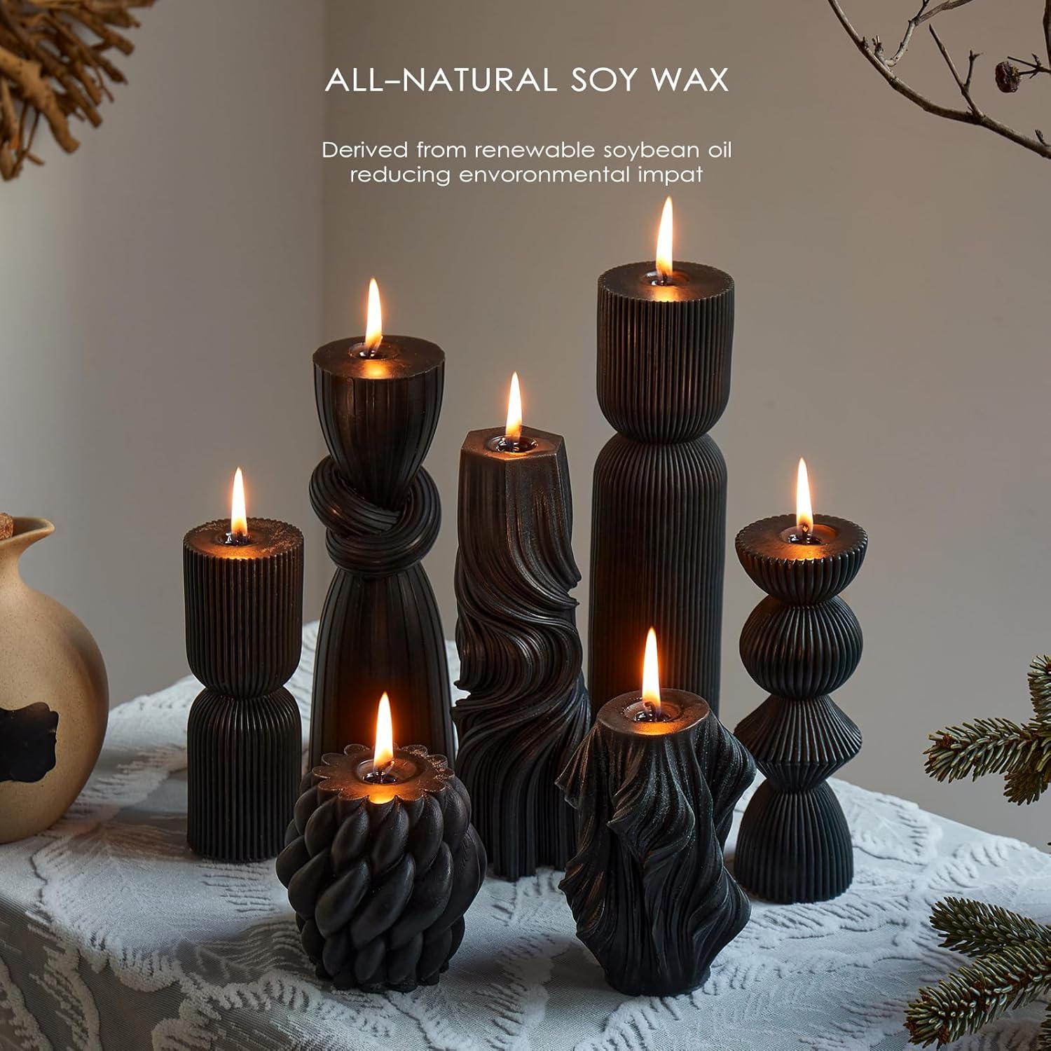 7-Pack Pillar Candles - Soy Wax Handmade Ribbed Candles for Home Decor, Housewarming Gift, Shelf & Table Decor - Aesthetic Modern Candles Set (Black)