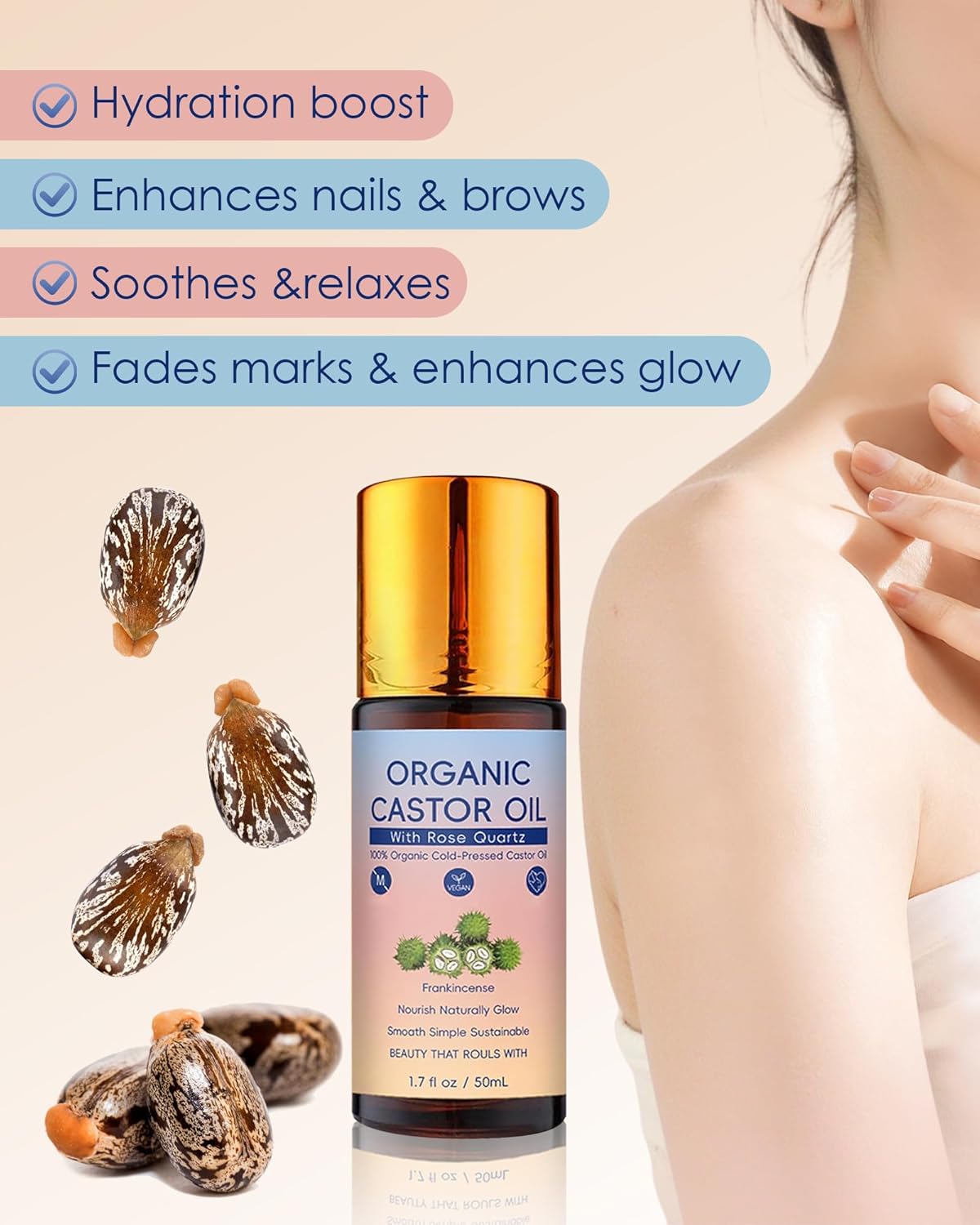 PAYDVOIER Organic Castor Oil with Rose Quartz Roller, 100% Pure Cold-Pressed, Organic Castor Oil Roll On Rose Quartz, Hexane-Free,Amber Glass Bottle for Skin 1.7 Oz.