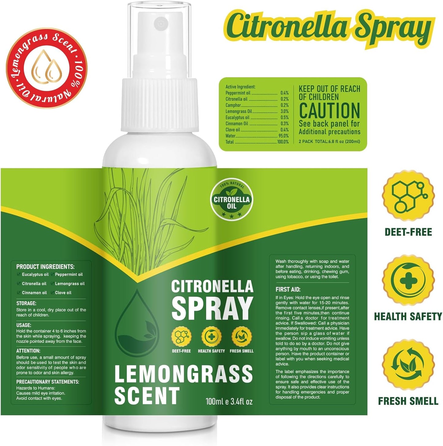 STRN Citronella Spray, DEET-Free, 6.76 oz (200ML), Air Freshener Spray for Summer Outdoor, Lemongrass Plant-Based Essential Oil Spray, for Patio, Camping, Hiking, Traveling, Fishing