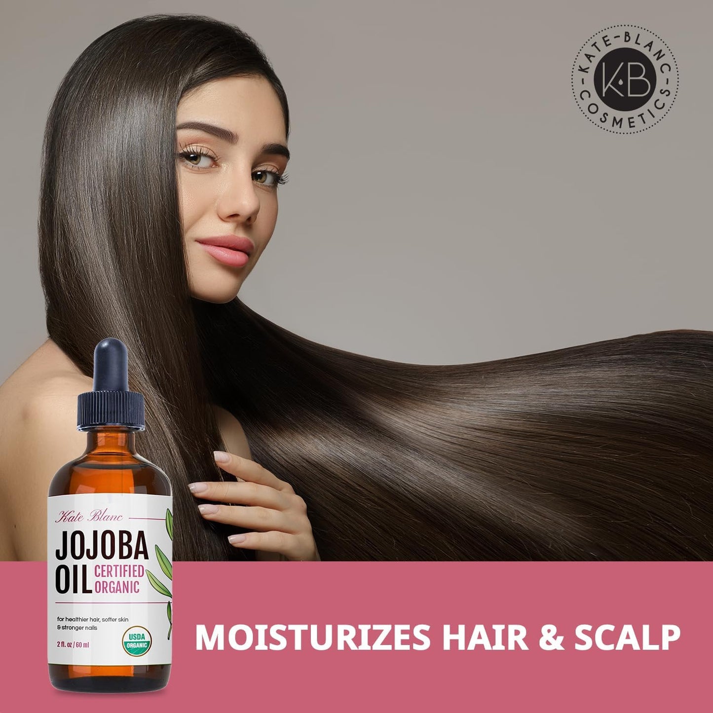 Kate Blanc Cosmetics Organic Jojoba Oil for Hair, Skin, Face, Nails (2oz) - USDA Certified, 100% Pure Cold Pressed Unrefined - Moisturizing Carrier Oil for Gua Sha, Dermaplaning, Body - Glass Bottle
