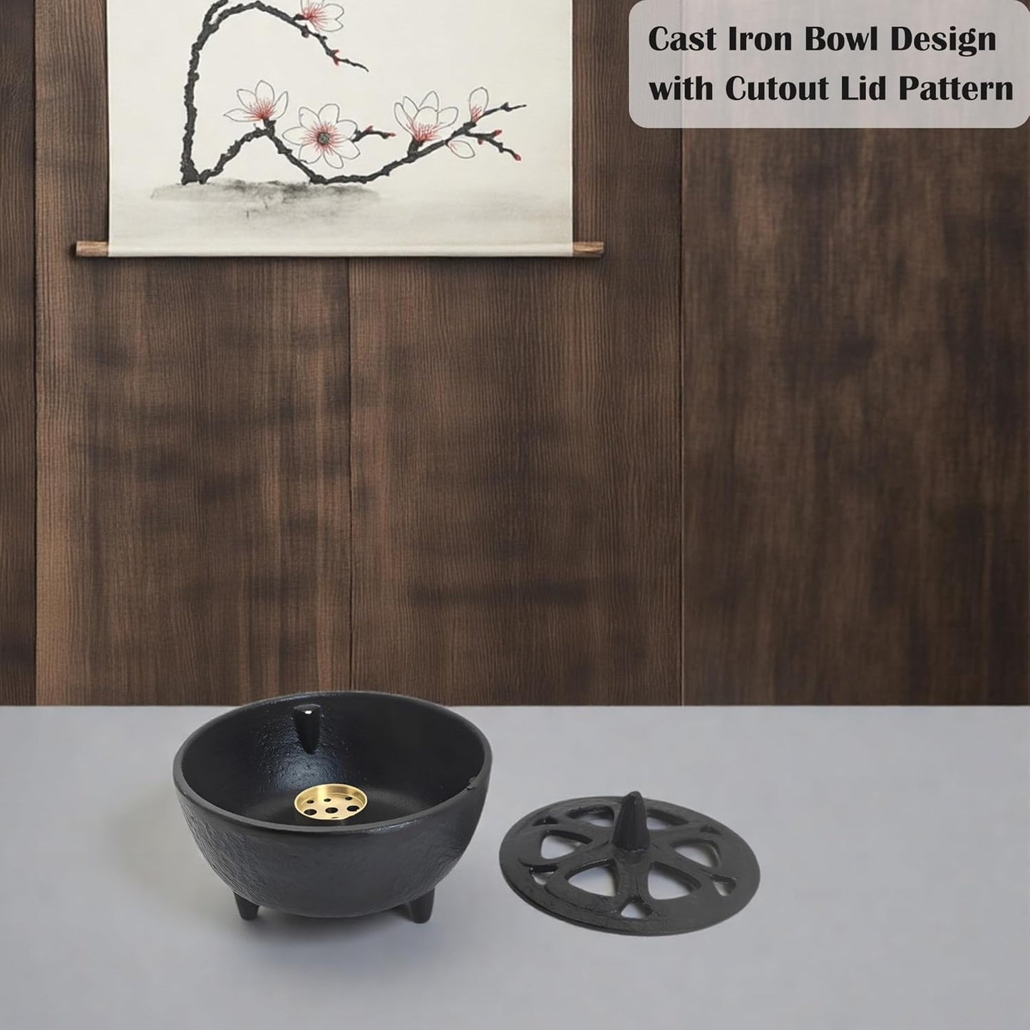 Small Cast Iron Incense Burner Holder, Home Decor, Bowl Design with Decorative Lid, Black Incense for Sticks, Resin, Cone Incense or Wax Melts