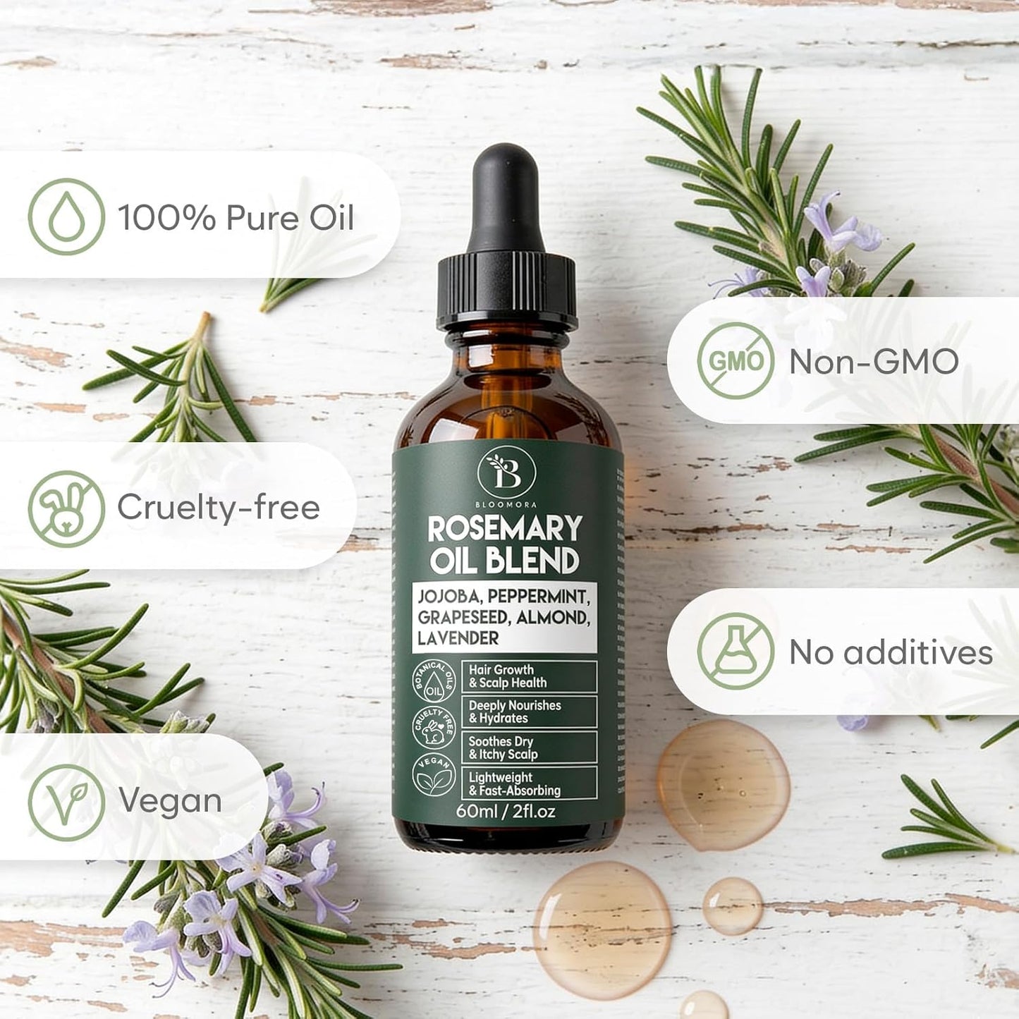 Rosemary Oil for Hair Growth Blend with Almond, Peppermint, Lavender & Jojoba Oil for Hair, Lightweight Consistency, For Growth, Strengthening & Scalp Care (60ml / 2fl oz)