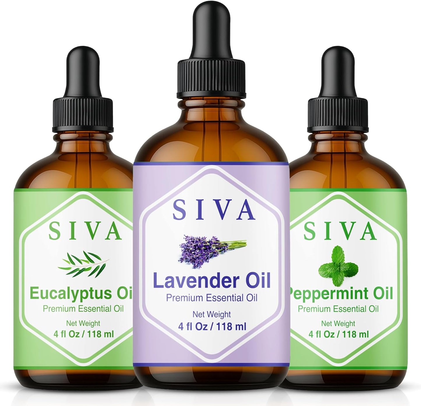 Siva Lavender Essential Oil, Peppermint Essential Oil and Eucalyptus Essential Oil 4oz Bundle Super Saver Combo – Premium Grade Value Set for Aromatherapy, Scalp Massage, Hair Care, Skin & Body