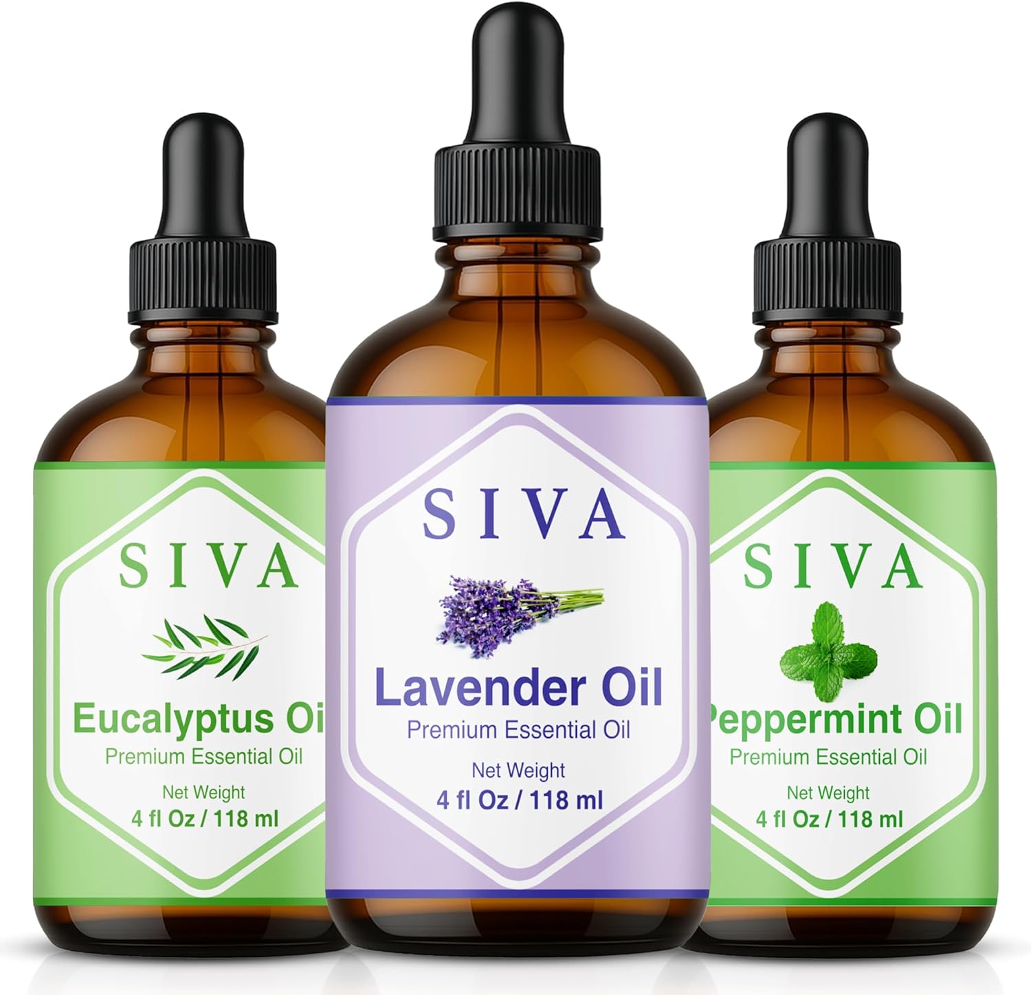 Siva Lavender Essential Oil, Peppermint Essential Oil and Eucalyptus Essential Oil 4oz Bundle Super Saver Combo – Premium Grade Value Set for Aromatherapy, Scalp Massage, Hair Care, Skin & Body