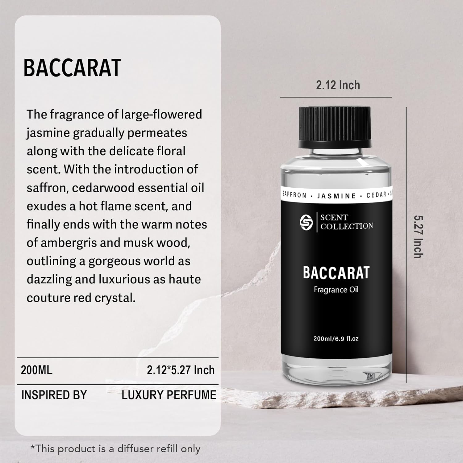 Hotel Scent Diffuser Oil for Home Inspired Baccarat Hotel, Luxury Saffron Cedar Fragrance, Long Lasting Waterless Aroma Oil Refill for Cold Air Diffuser & Large Room, 200ml/6.76 Fl Oz