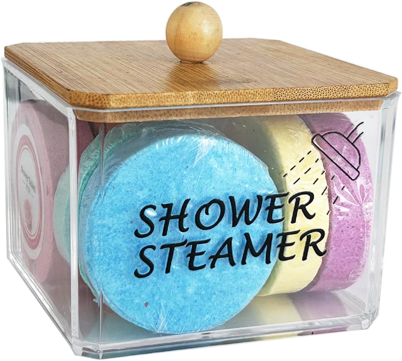 Shower Steamers Organizer, Hold up to 8 Pieces, Plastic Shower Tablets Container with Wood Lid, Clear Storage Container for Shower Steamers, Transparent Holder Bathroom Counter