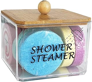 Shower Steamers Organizer, Hold up to 8 Pieces, Plastic Shower Tablets Container with Wood Lid, Clear Storage Container for Shower Steamers, Transparent Holder Bathroom Counter