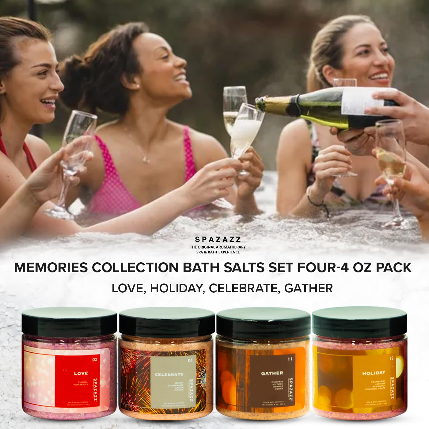 Spazazz Hot Tub Aromatherapy Memories Collection Bath Salts Set Four-4 Oz Pack - Love, Holiday, Celebrate, Gather - Spazazz Hot Tub Crystals and Bath Salts are Oil-Free & Safe for All Spas