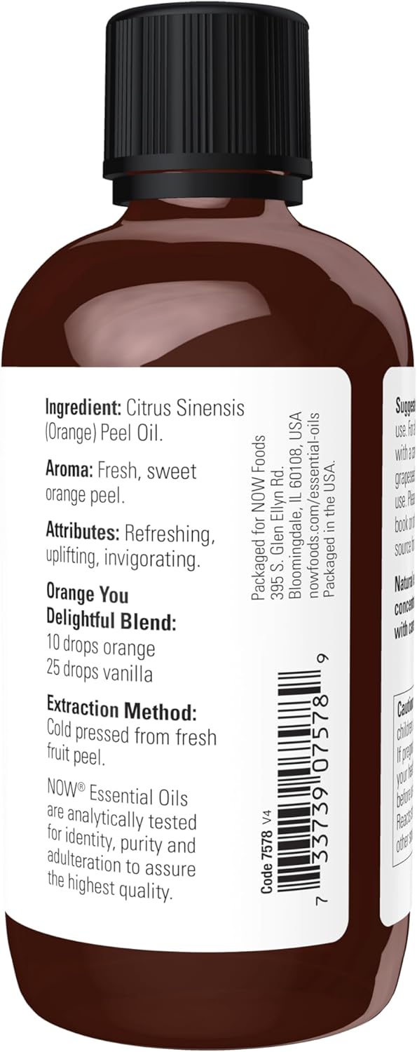 NOW Essential Oils, Orange Oil, Uplifting Aromatherapy Scent, Cold Pressed, 100% Pure, Vegan, Child Resistant Cap, 4-Ounce
