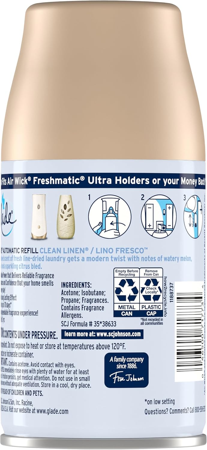 Glade Automatic Spray Refill and Holder Kit, Air Freshener for Home and Bathroom, Clean Linen, 6.2 Oz, 2 Count