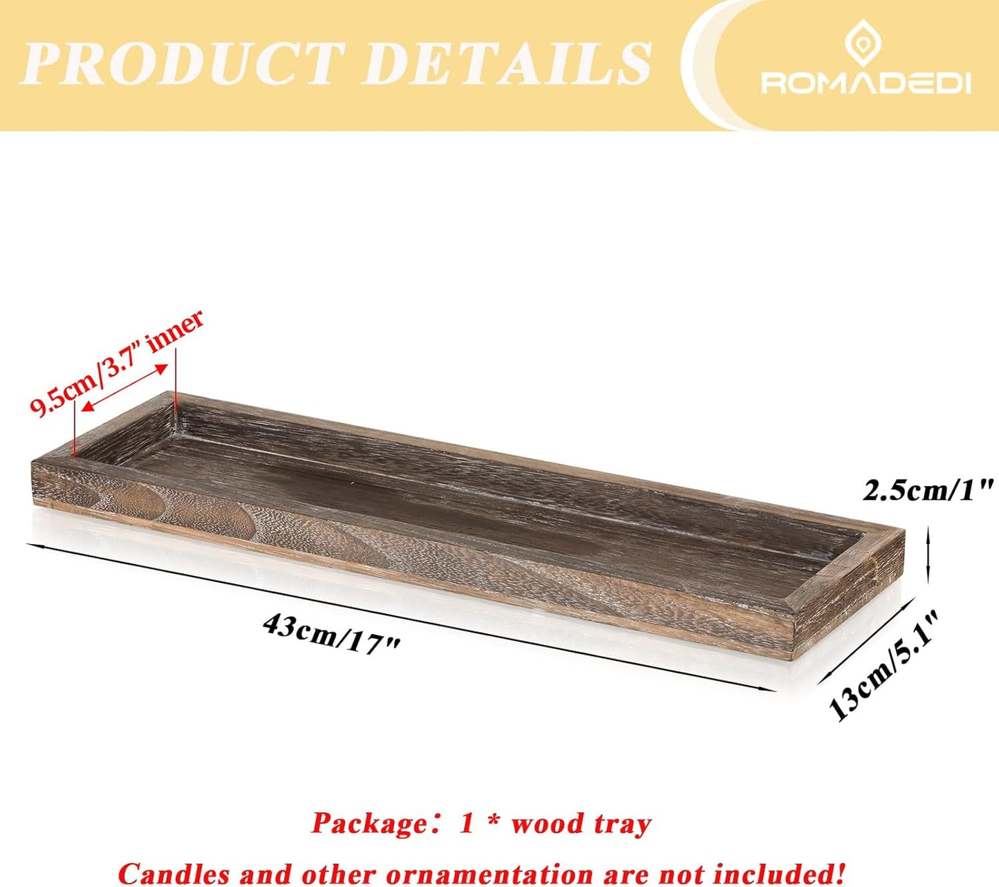 Romadedi Rustic Decorative Wood Candle Tray - 17" Wooden Long Narrow Tray Candle Holder, Farmhouse Small Trays for Coffee Table Centerpieces Dining Room Kitchen Countertop Home Decor, Brown