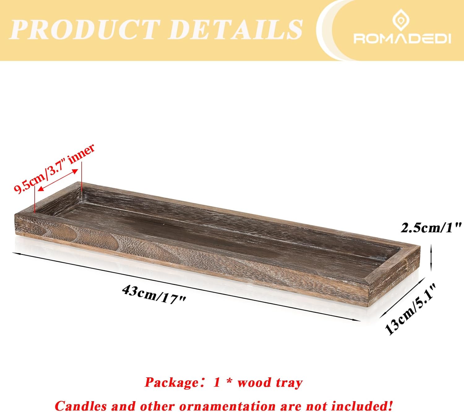 Romadedi Rustic Decorative Wood Candle Tray - 17" Wooden Long Narrow Tray Candle Holder, Farmhouse Small Trays for Coffee Table Centerpieces Dining Room Kitchen Countertop Home Decor, Brown