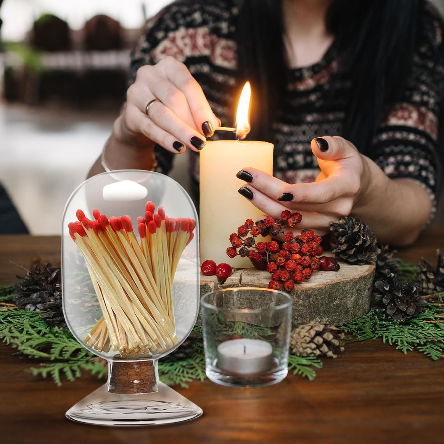 Glass Match Holder Jar with Striker, Decorative Glass Container for Matches for Bathroom Fireplace and Home Display (Simple)