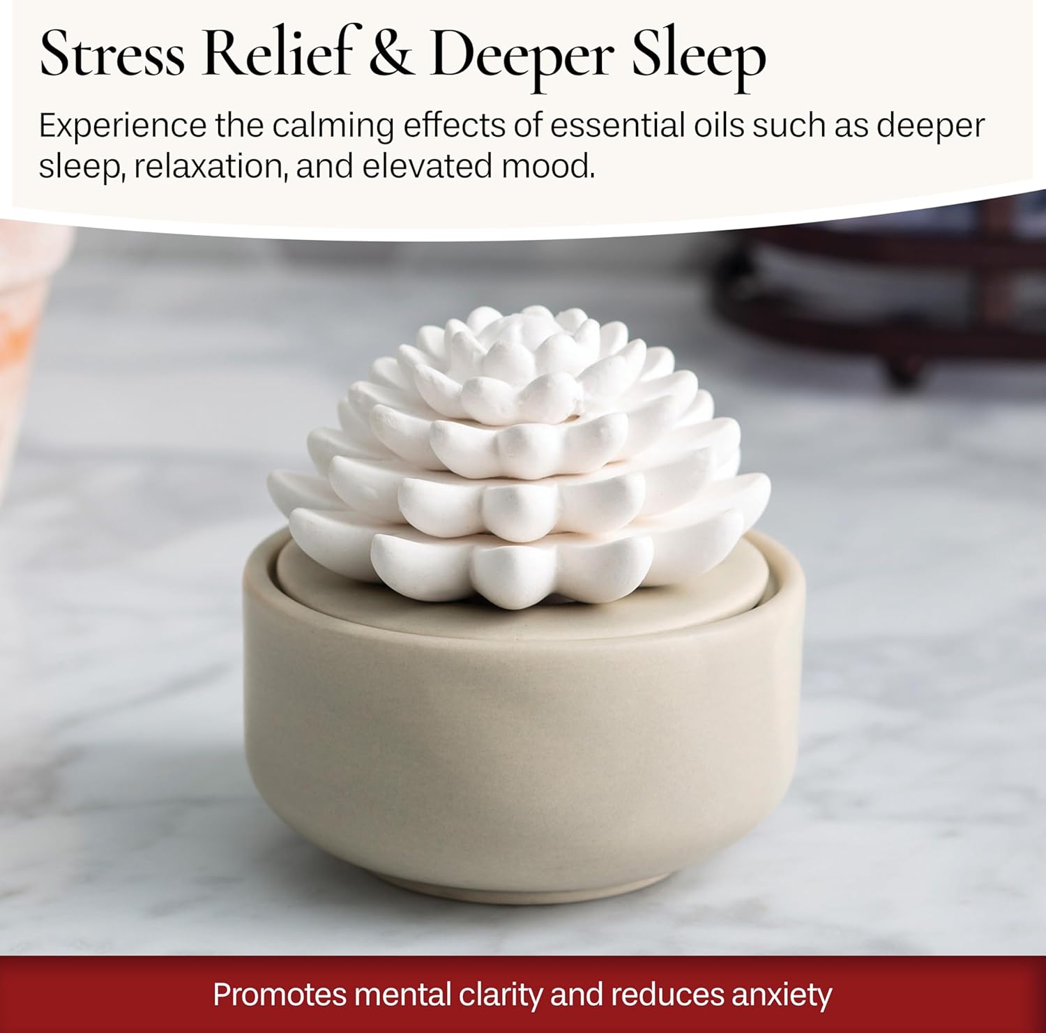 Airomé White Succulent, Porcelain Passive Essential Oil Diffuser (with 15ml Peppermint Essential Oil) – Non-Electric, Battery-Free, Improves Sleep, and Relieves Stress