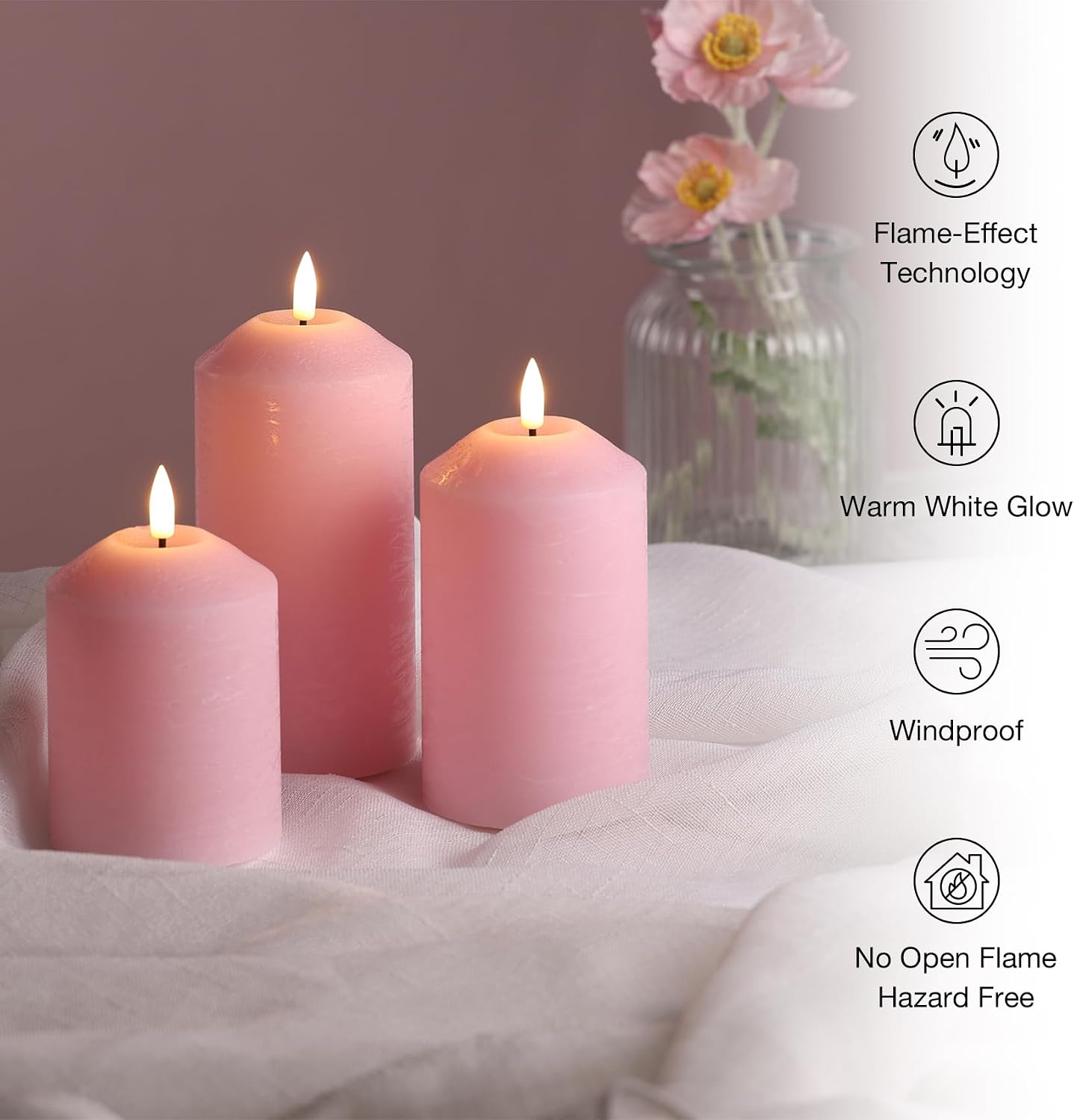 Eywamage Pink Flameless Pillar Candles with Remote, Flickering LED Wax Candlles Battery Powered Set of 3