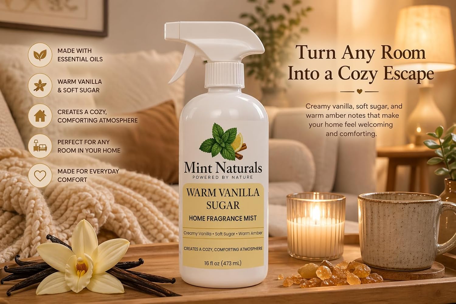 Natural Vanilla Room Spray & Odor Eliminator - Warm Sugar Scent 16oz | Cozy Vanilla Sugar Fragrance Mist, Plant-Based, Non-Toxic, Home Office Car Bathroom, Made in USA by Mint Naturals