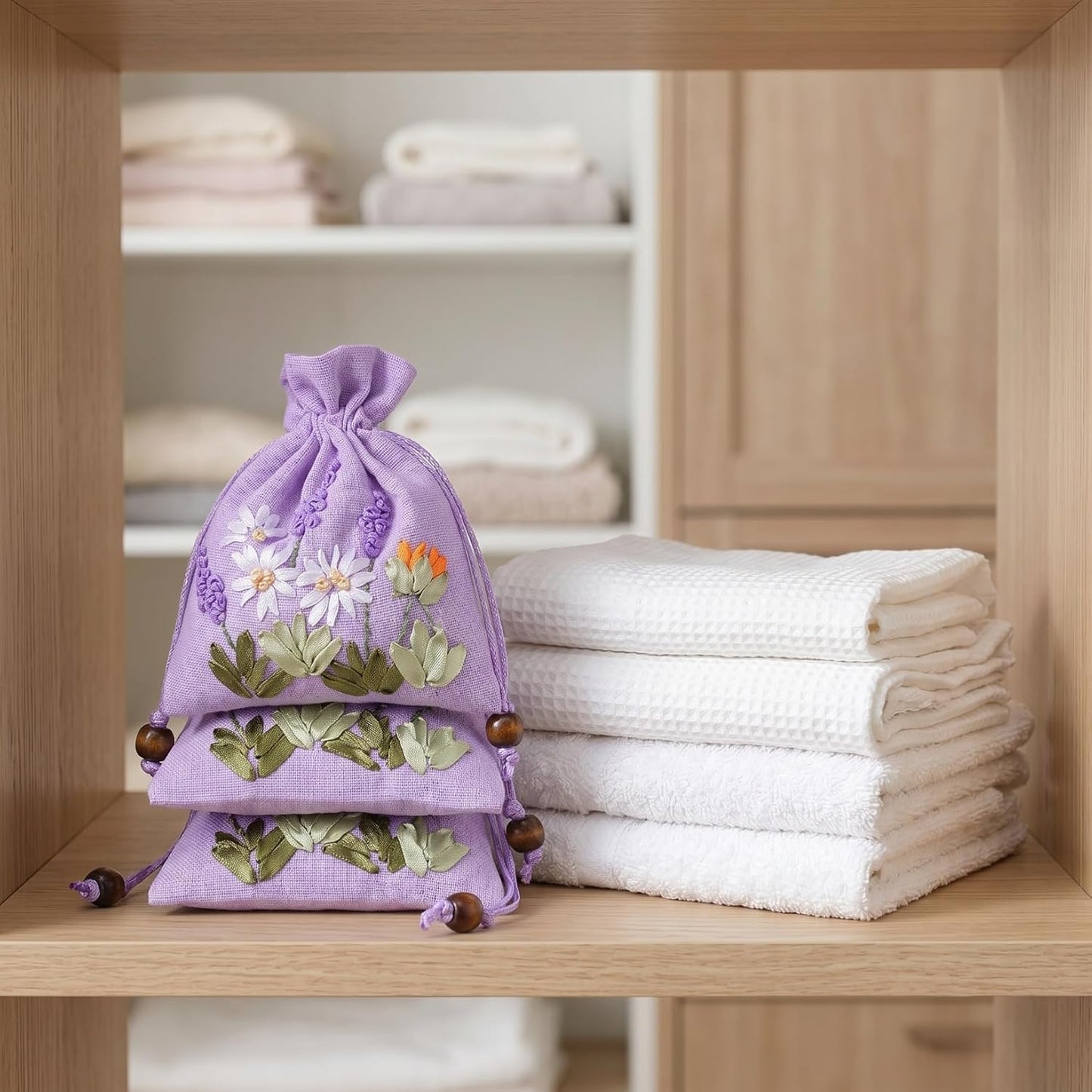 Hoement 4Pcs Embroidered Lavender Sachet Bags Small Drawstring Linen Brocade Pouches for Jewelry Storage Wedding Favor and Fragrance Packaging