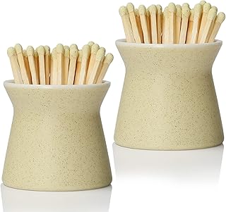 2 Pack Match Holder with 6 Pcs Strikers, Handmade Ceramic Match Box for All Matches, Cute Home Decor Match Jar with Striker for Candle, Fireplace, Parlor. (Sold Without Matches) (Off White)