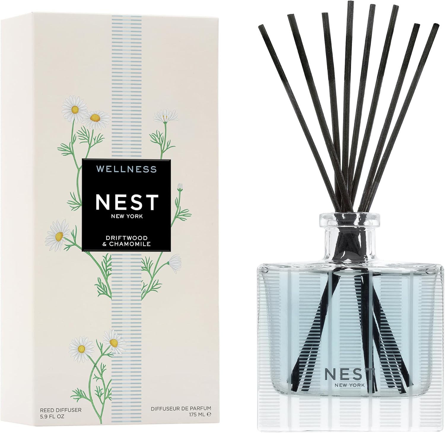 NEST New York Reed Diffuser, Driftwood & Chamomile - The Wellness Collection - 5.9 fl oz - Fragrance for Up to 90 Days - Reusable, Refillable Glass Holder - Includes 8 All-Natural Reed Sticks