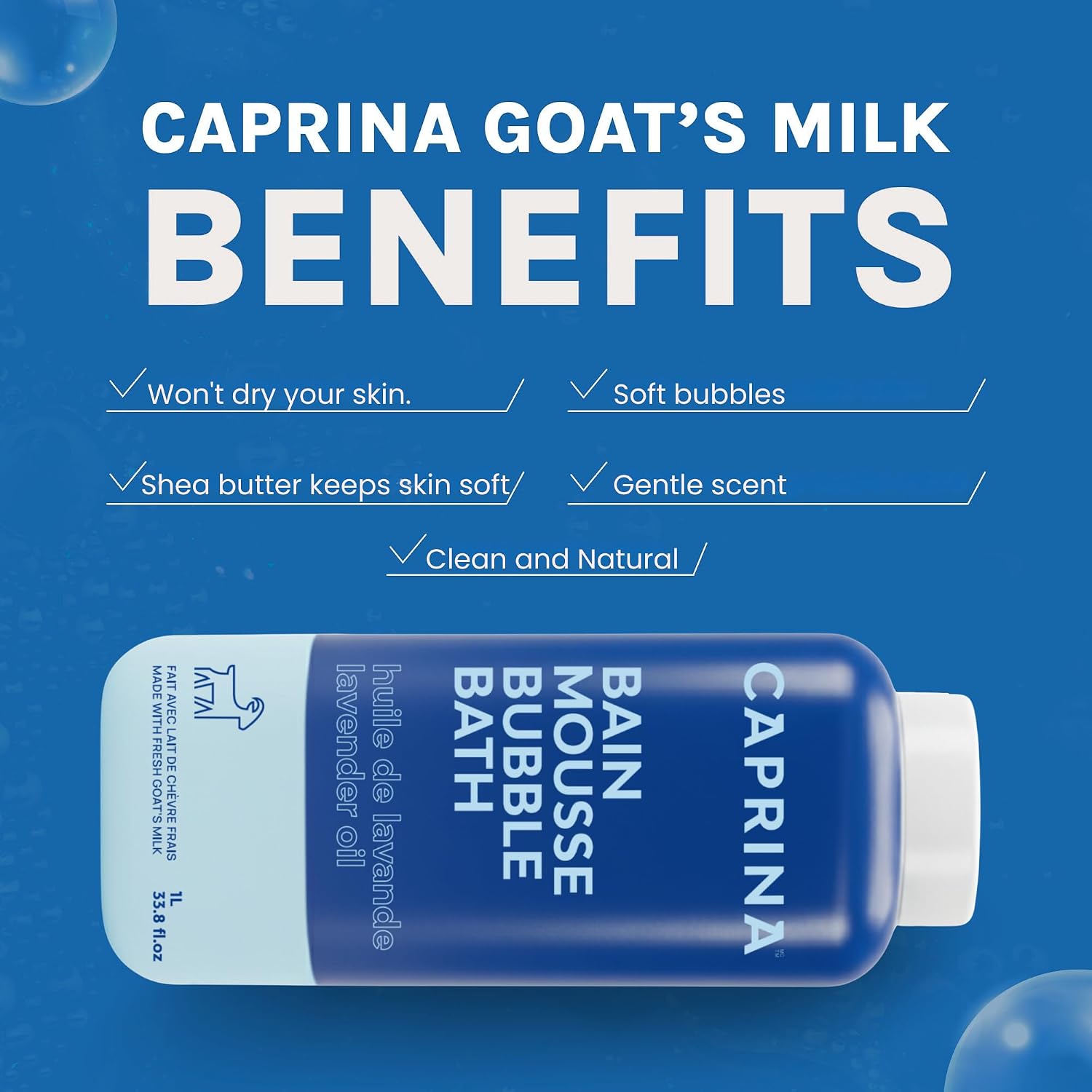 Caprina Fresh Goat’s Milk Bubble Bath, 1L, Hydrating Relaxing Foam Bath, Moisturizing and Gentle on Skin, Made in Canada (Lavender Oil)