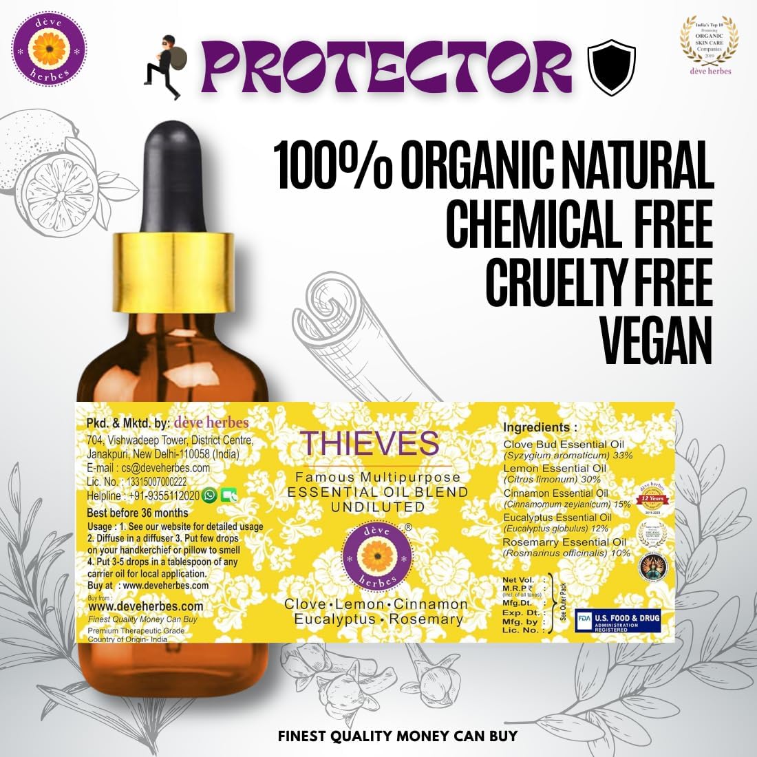Deve Herbes Thieves Multipurpose Undiluted Essential Oil Blend with Glass Dropper 15ml (0.50 oz)