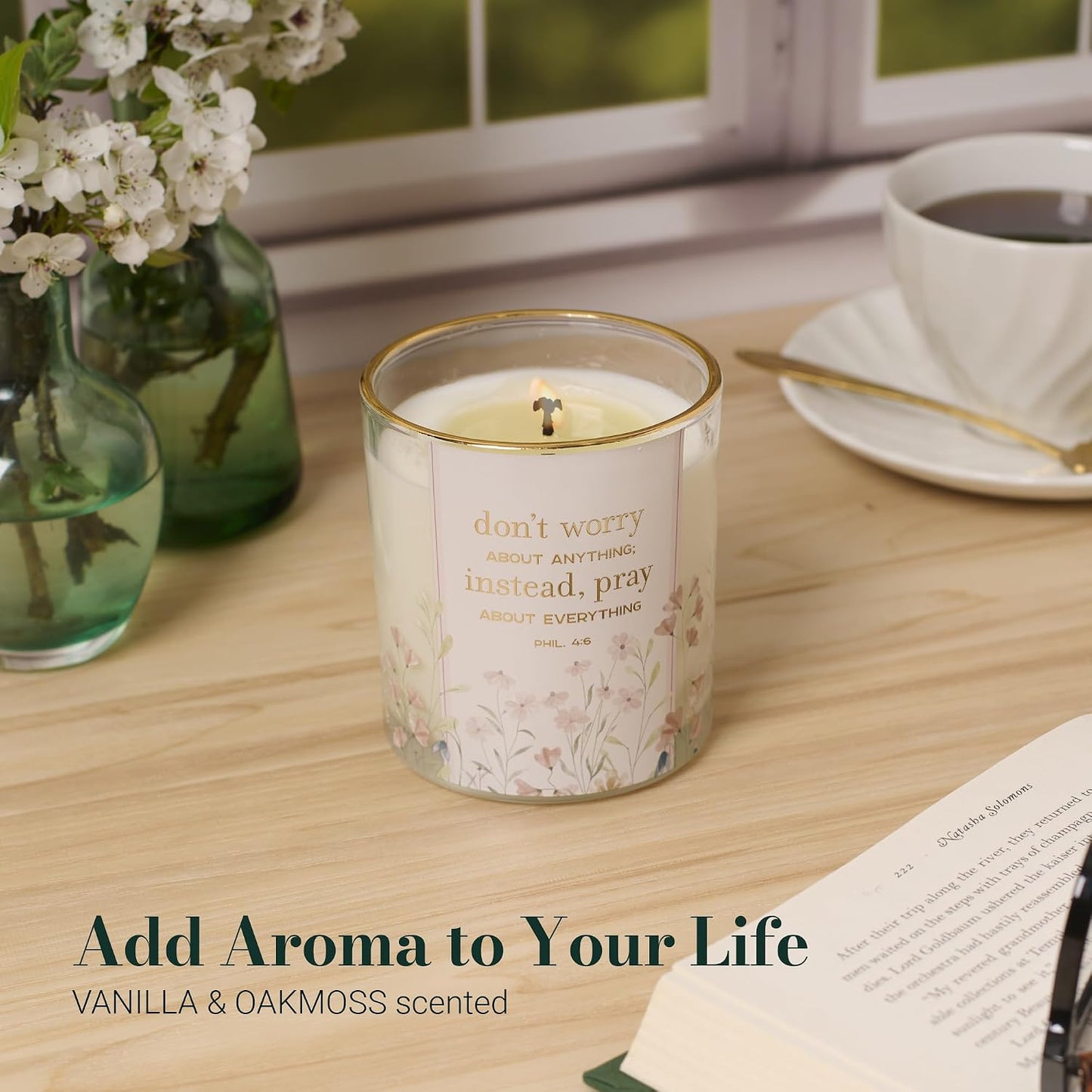 Christian Art Gifts Vanilla & Oakmoss Scented Candle: Don't Worry, Pray Bible Verse, Soy Wax, Pure Essential Oils, Floral Design Glass Jar, Encouragement Gift for Women, 40 Hours Burn Time