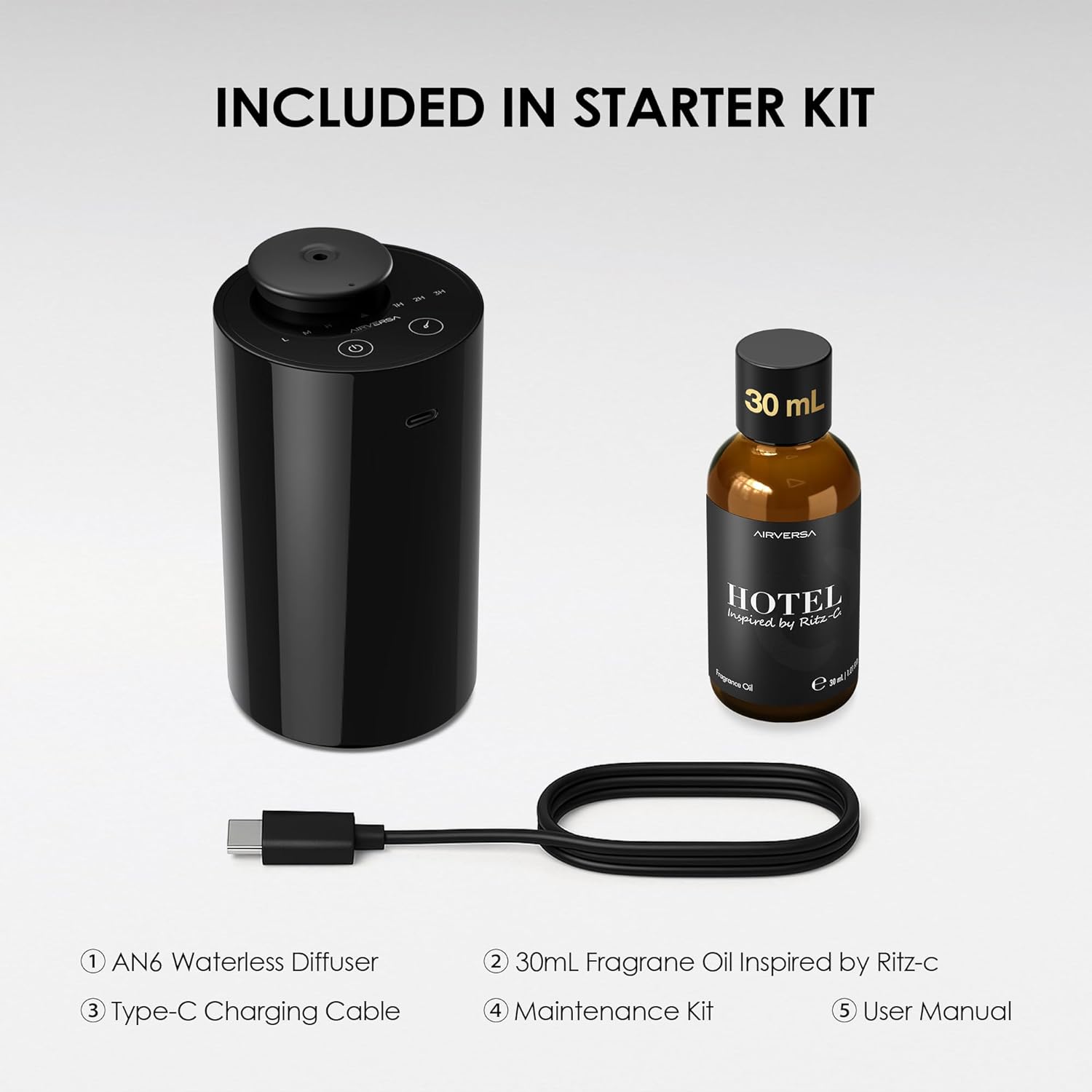 Airversa Waterless Essential Oil Diffuser Starter Kit with 30mL Hotel Fragrance Oil Inspired by Ritz-C., Battery Operated Car Diffuser, Portable Aroma Nebulizer for Home Car Office, AN6Kit-B, Black