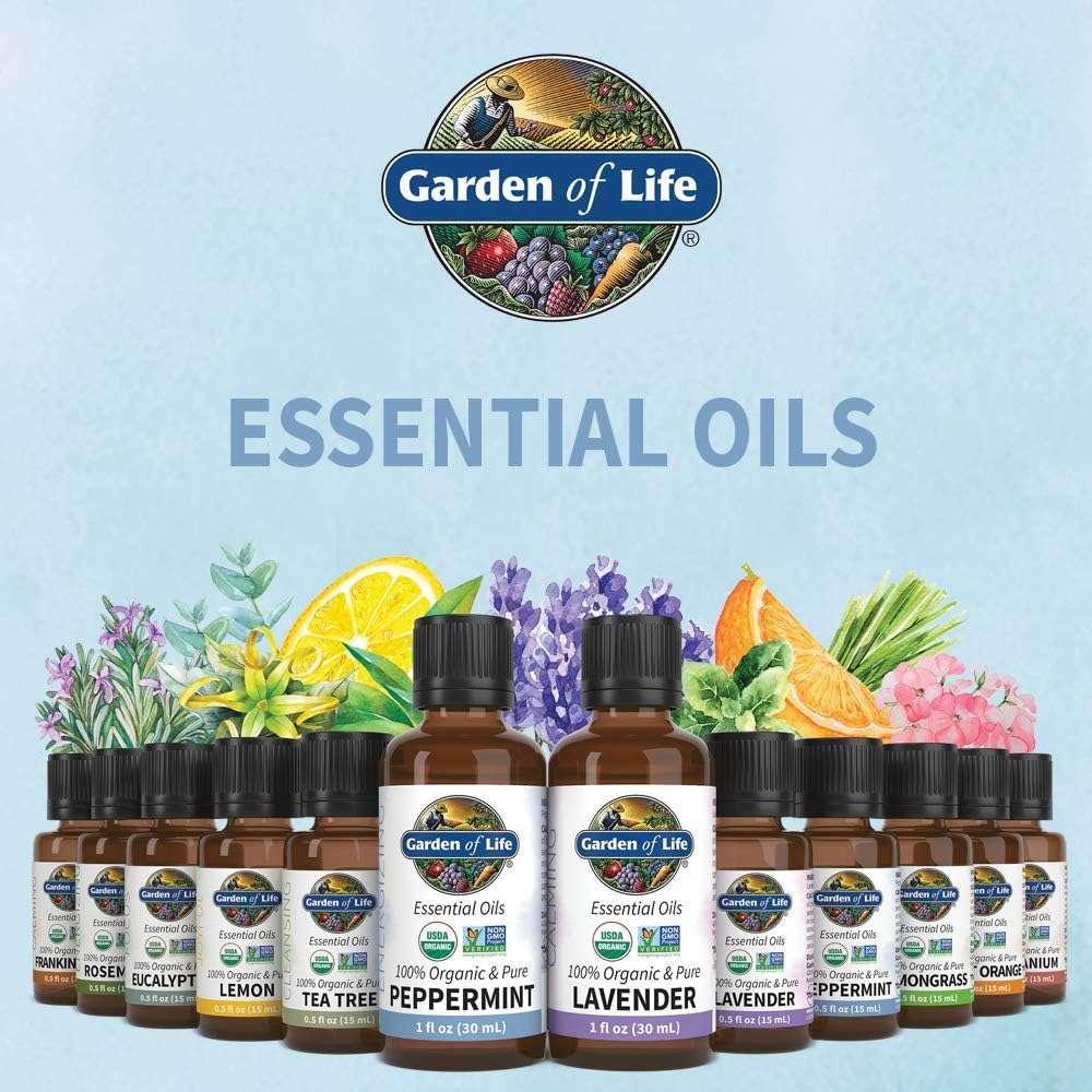 Garden of Life Essential Oil, Peppermint 1 fl oz (30 mL), 100% USDA Organic & Pure, Undiluted & Non-GMO - for Diffuser, Aromatherapy, Meditation - Energizing, Invigorating, Refreshing, Uplifting