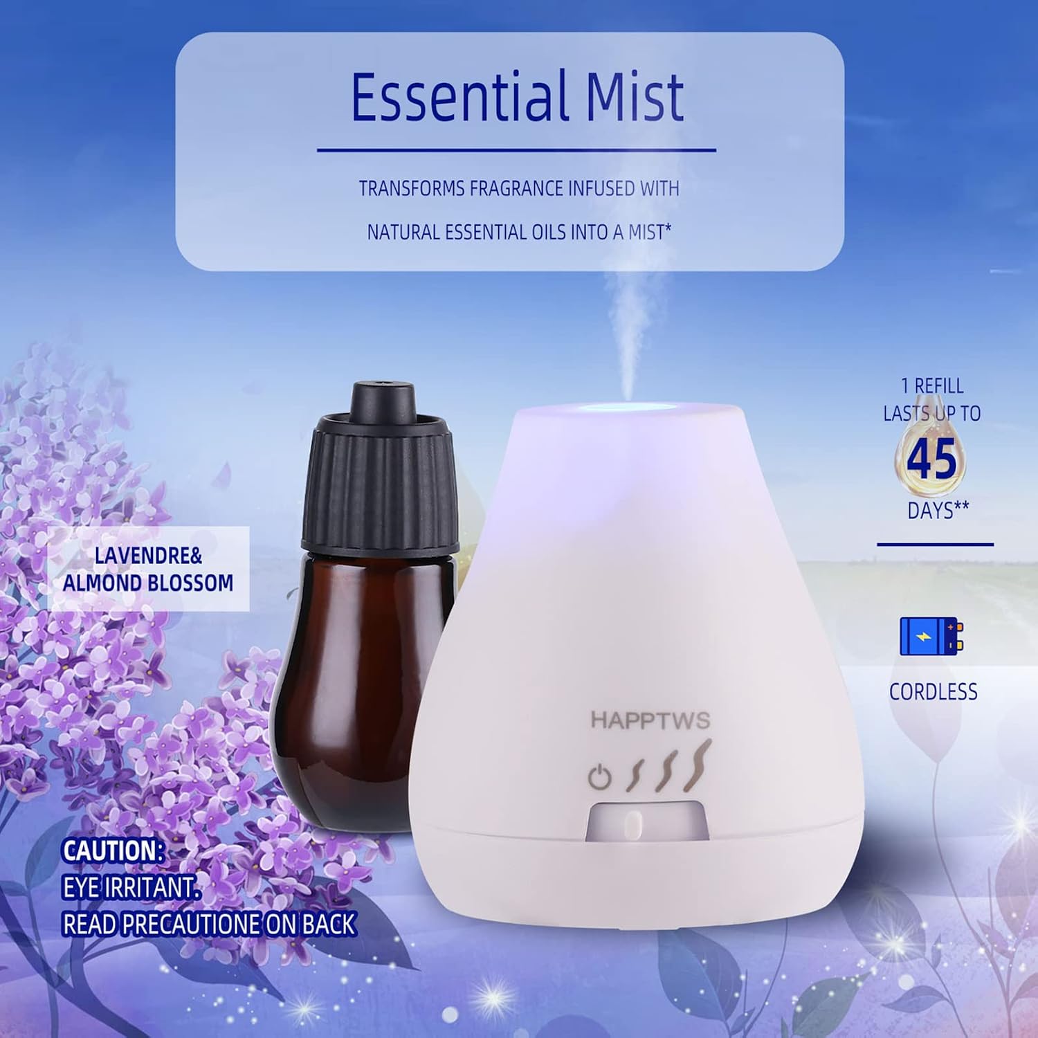 HAPPTWS Essential Oil Diffuser - Waterless Diffuser 3 Timer Settings Battery Powered for Bedroom Yoga Room Toilet Pet Room White