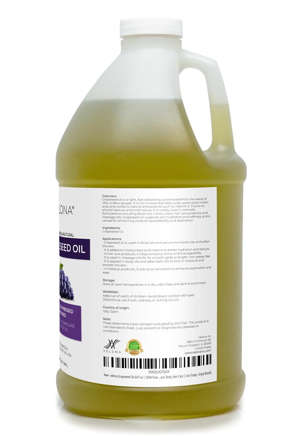velona Grapeseed Oil 64 fl oz | 100% Pure and Natural Carrier Oil | Refined | Skin, Face, Body, Hair Care | Use Today - Enjoy Results